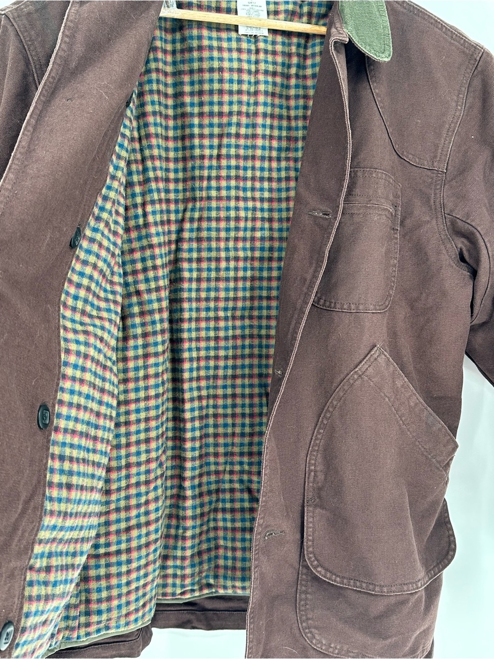 LL Bean Men’s L Brown Canvas Chore Coat Flannel Lined Green Corduroy Collar A6 - Picture 3 of 8